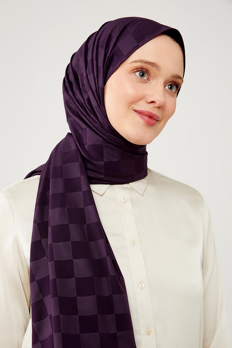 Levidor Patlıcan Moru Dama Desen Jakarlı Elegance Şal