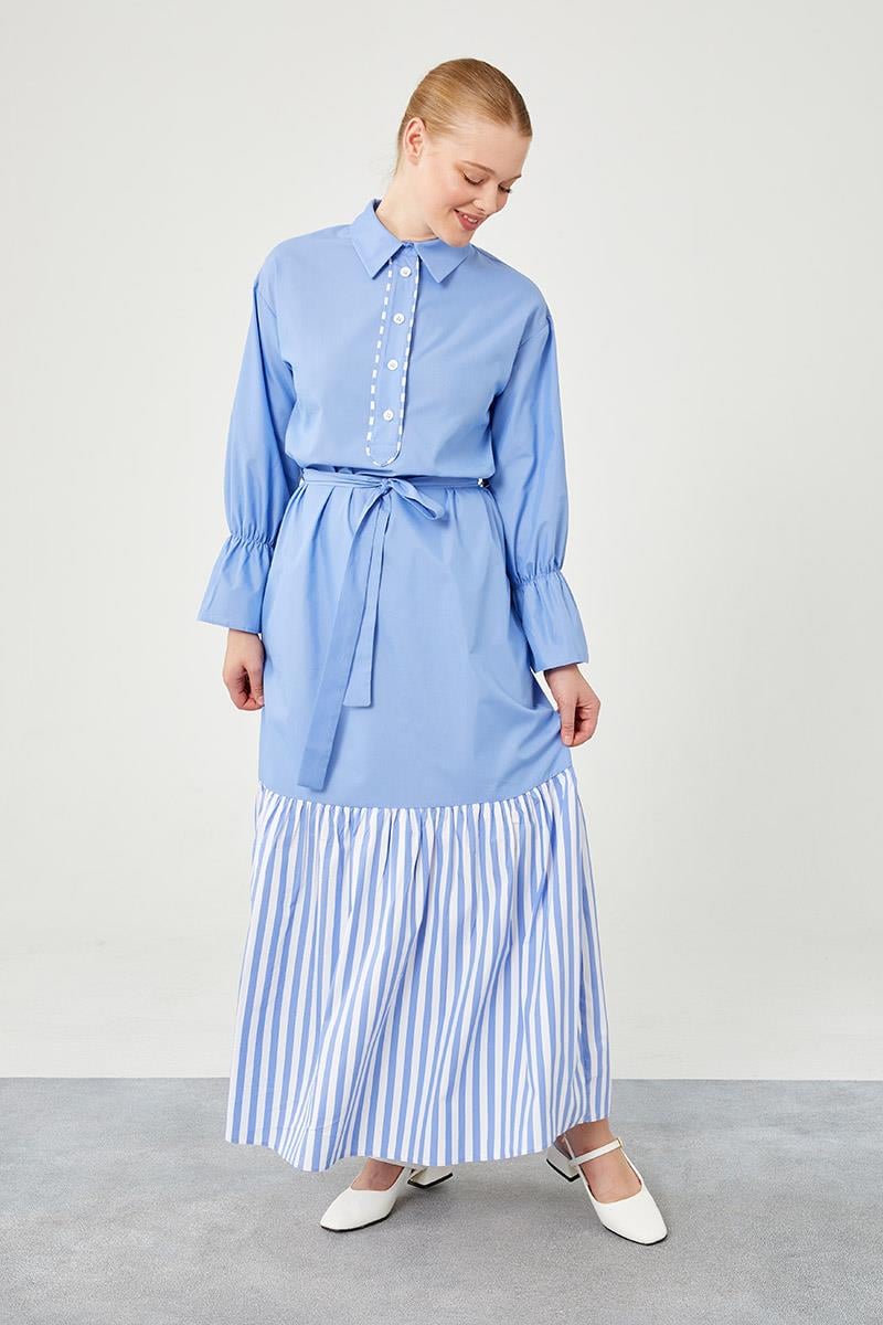 Levidor Studio İndigo Çizgili Poplin Elbise