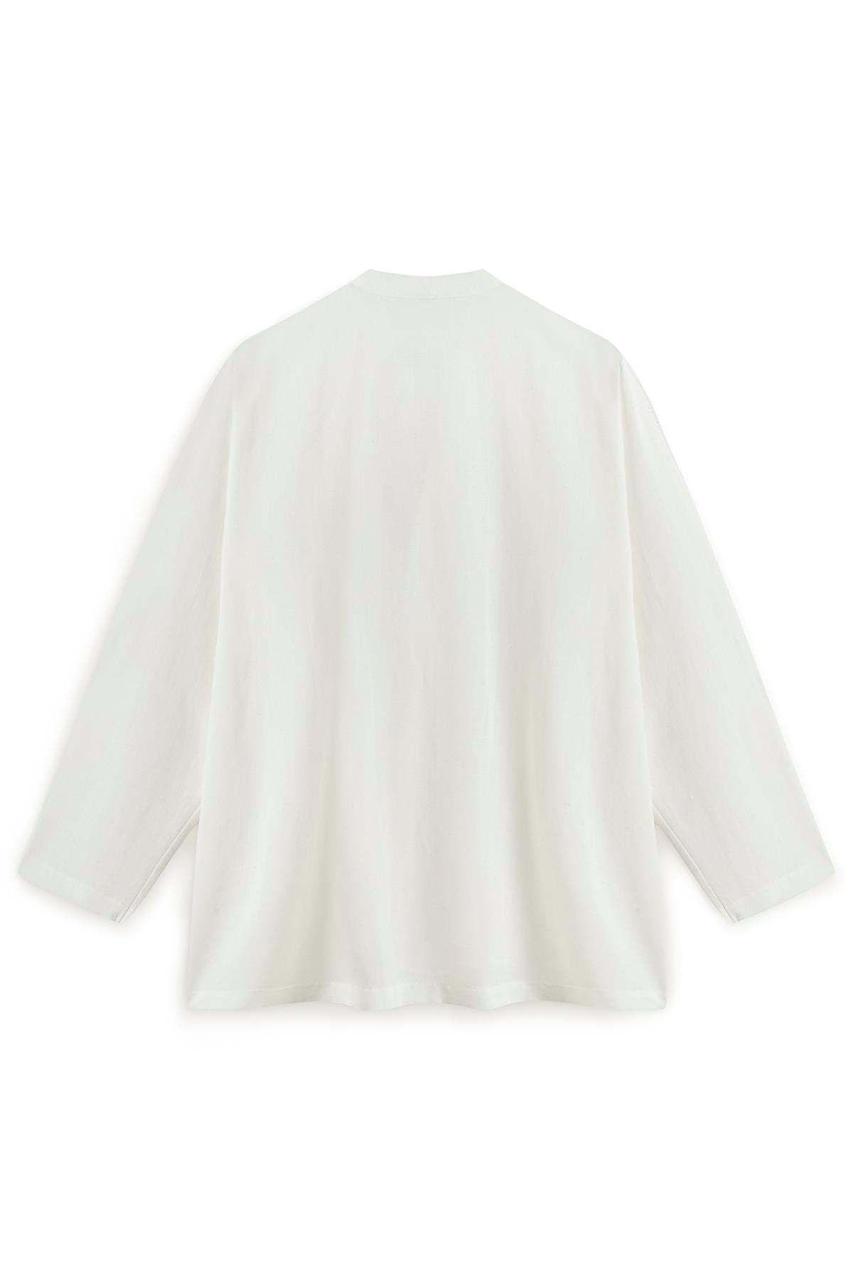 Bağcıklı Keten Karışımlı Kimono Beyaz