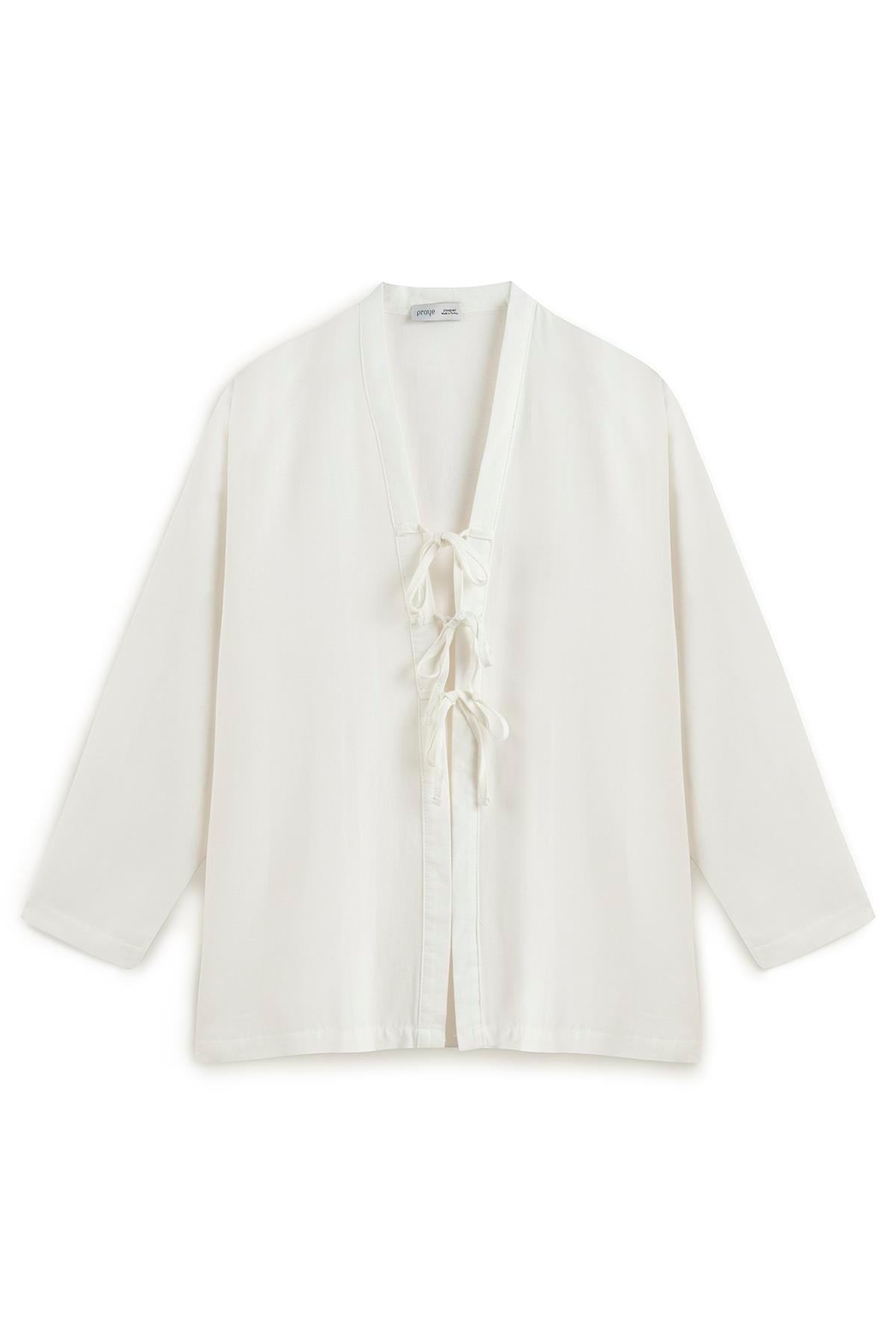 Bağcıklı Keten Karışımlı Kimono Beyaz