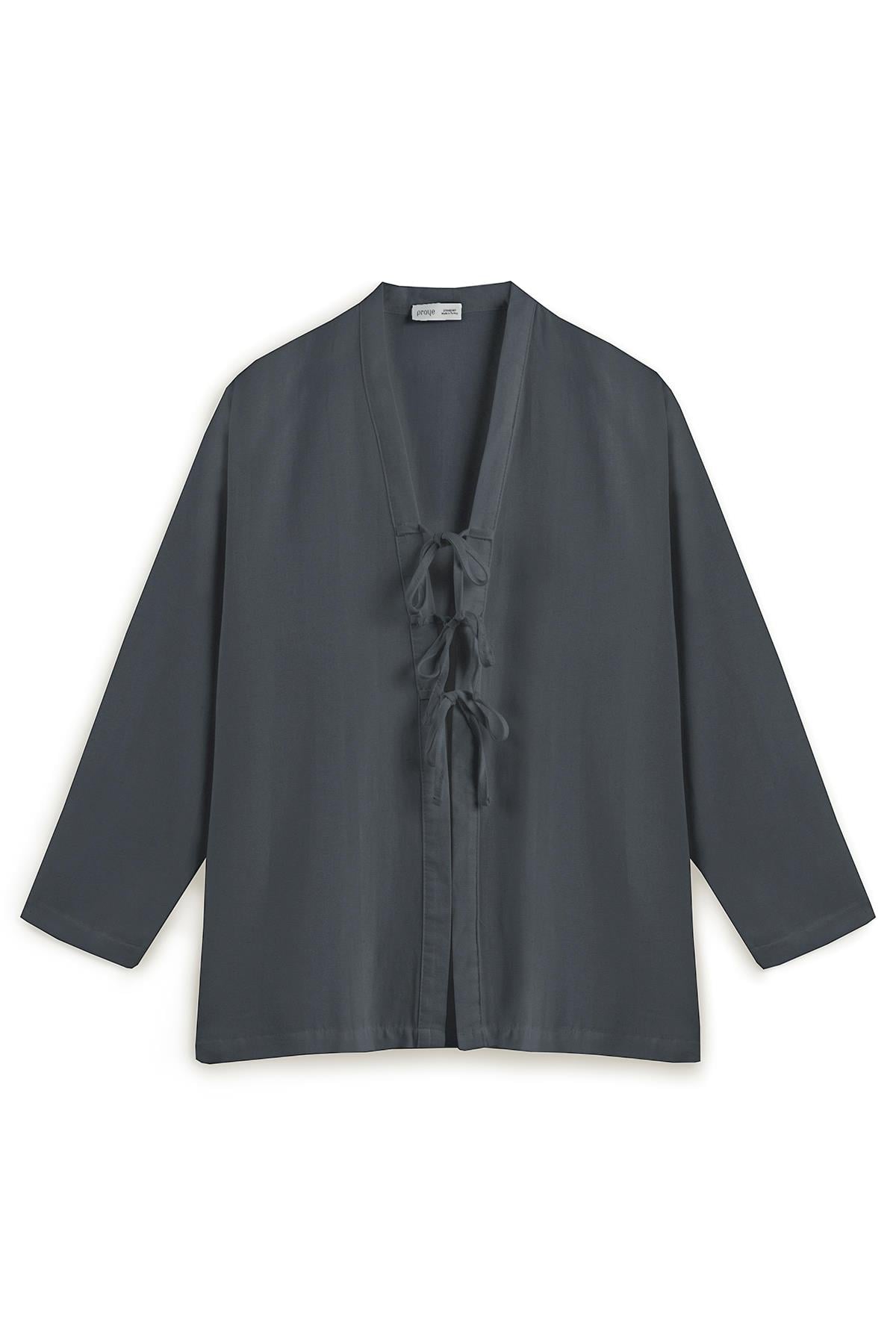 Bağcıklı Keten Karışımlı Kimono Füme