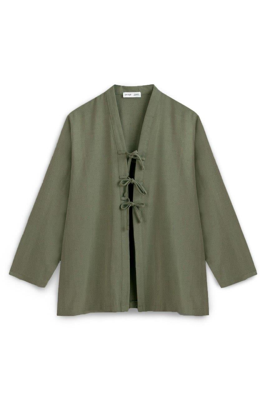 Bağcıklı Keten Karışımlı Kimono Haki