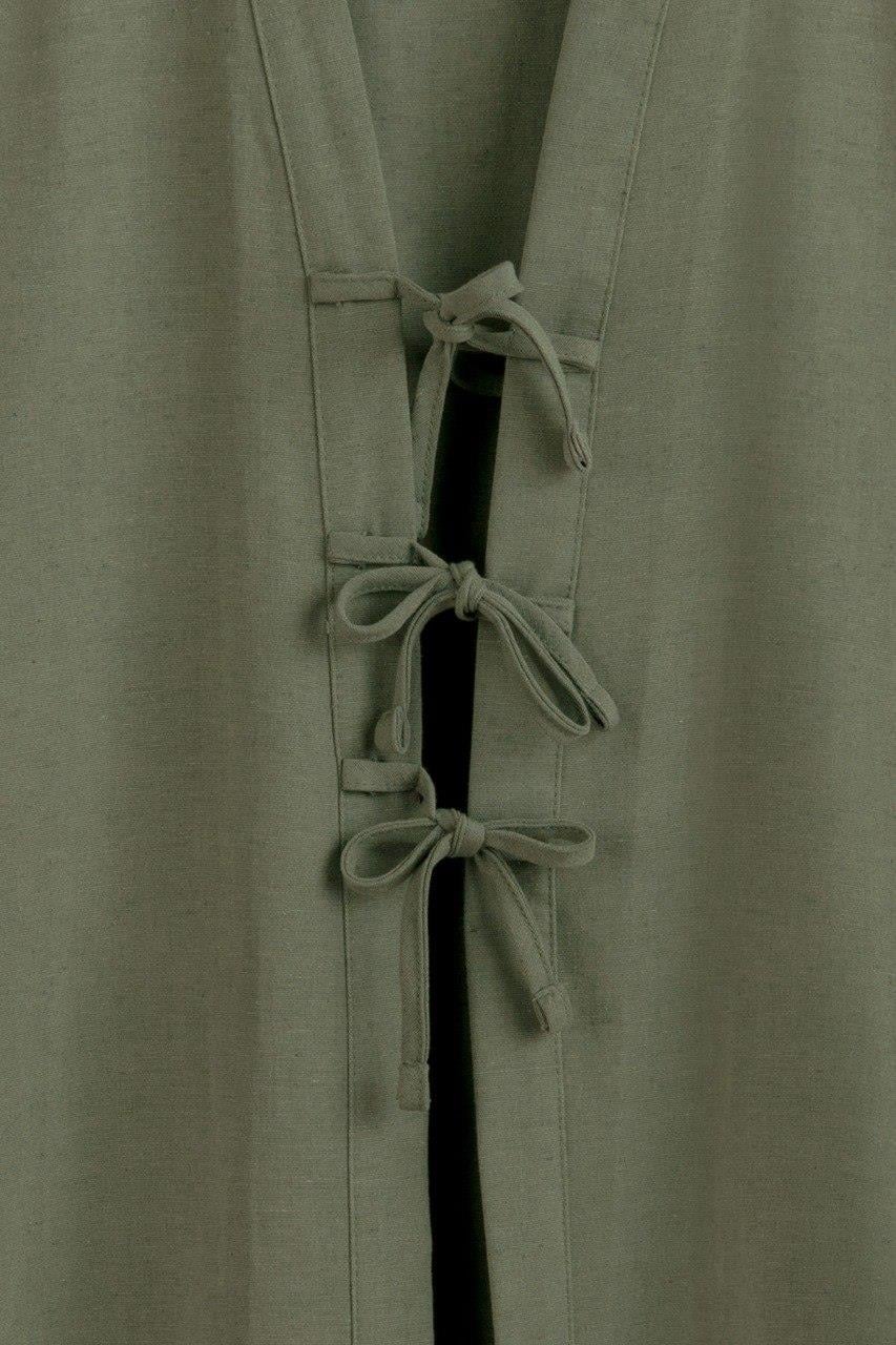 Bağcıklı Keten Karışımlı Kimono Haki