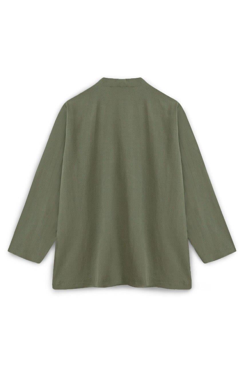 Bağcıklı Keten Karışımlı Kimono Haki