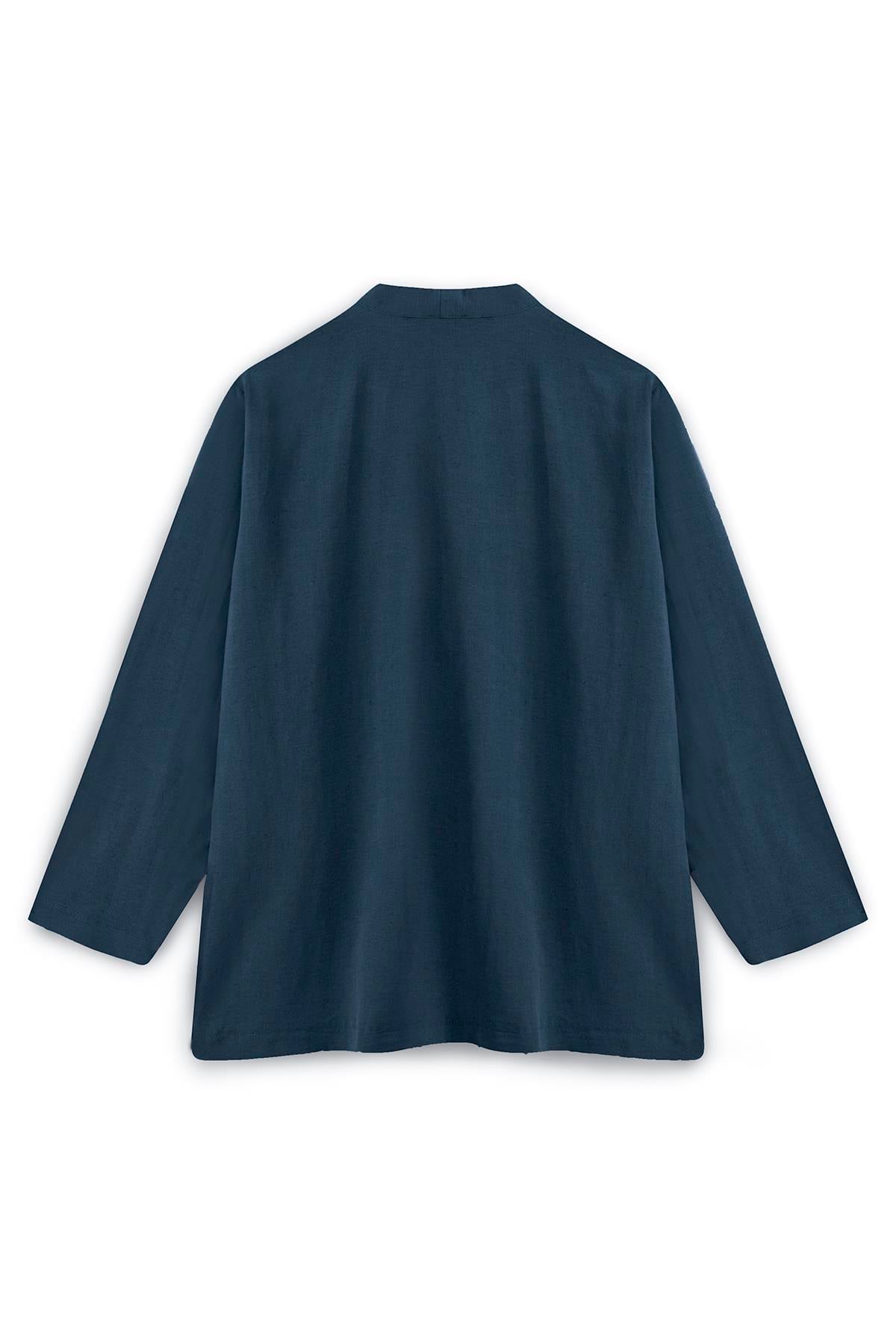 Bağcıklı Keten Karışımlı Kimono Lacivert