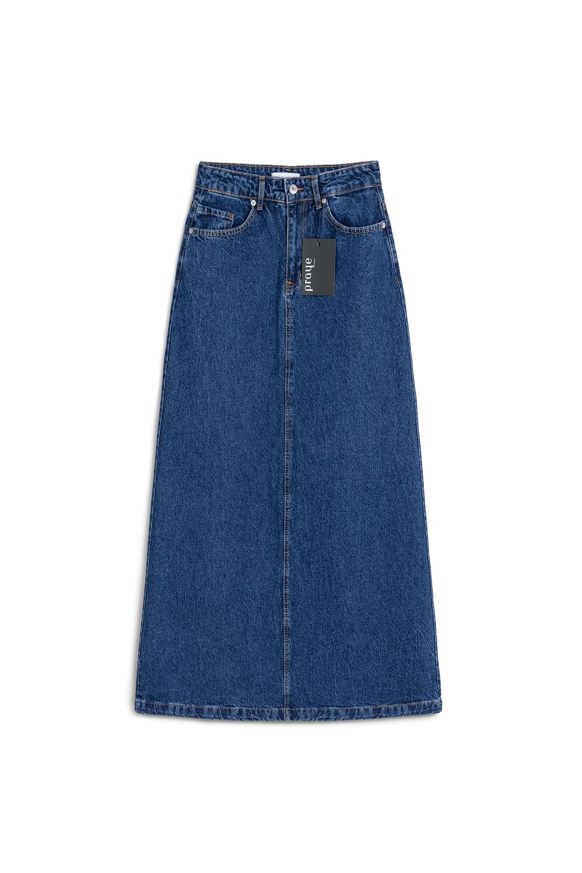 Uzun Çan Denim Etek Mavi