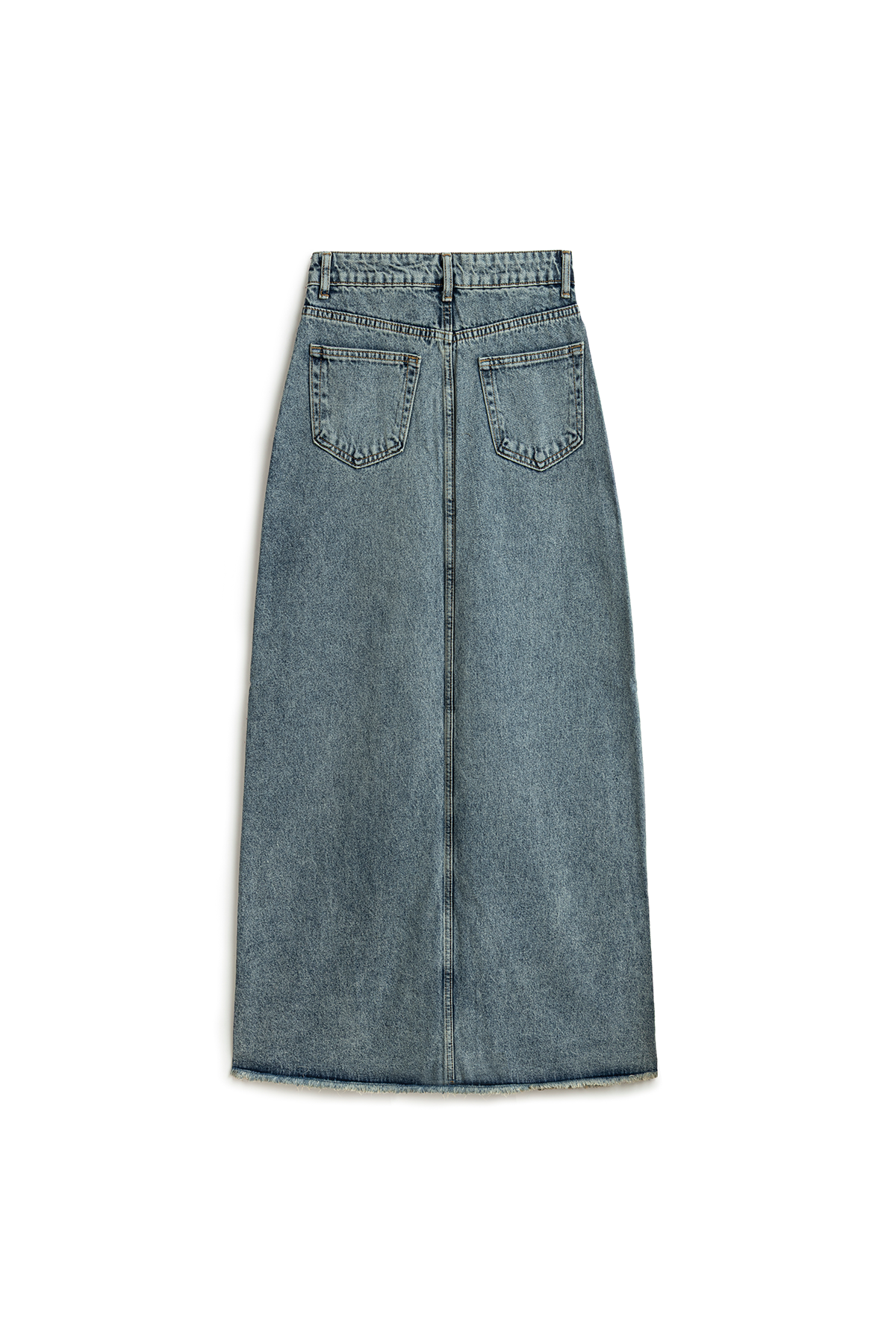 Uzun Püsküllü Denim Etek Eskitme Kot