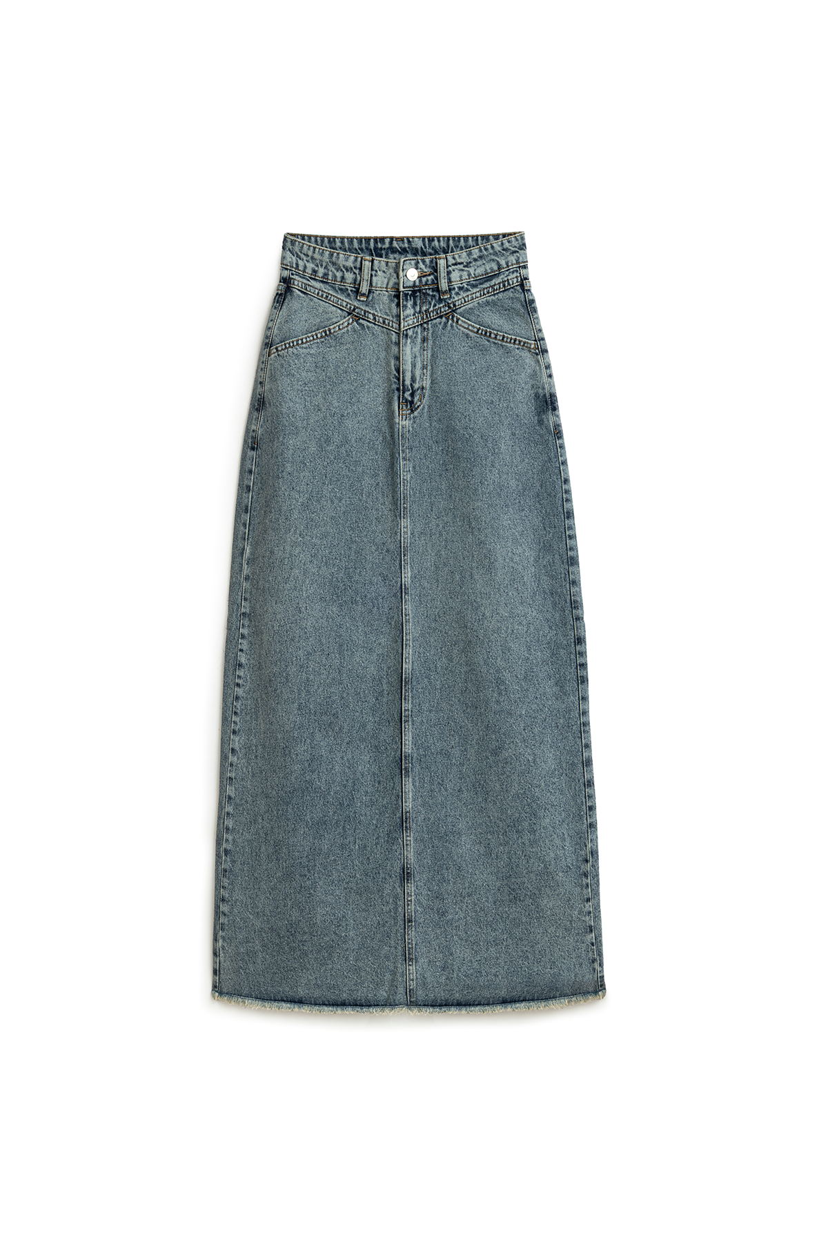 Uzun Püsküllü Denim Etek Eskitme Kot
