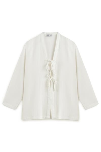 Bağcıklı Keten Karışımlı Kimono Beyaz