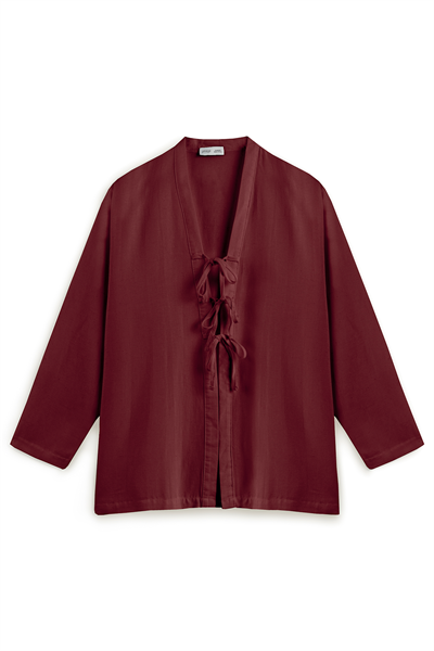 Bağcıklı Keten Karışımlı Kimono Bordo
