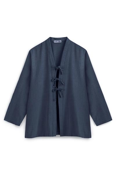 Bağcıklı Keten Karışımlı Kimono Lacivert