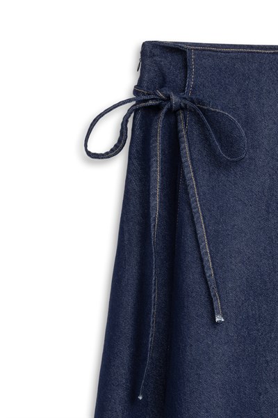 Bağcıklı Parçalı Denim Etek Mavi