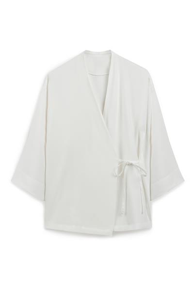 Bağlamalı Gabardin Kimono Beyaz