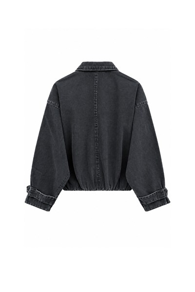 Beli Kemerli Kısa Denim Ceket Füme