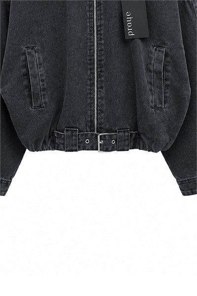 Beli Kemerli Kısa Denim Ceket Füme