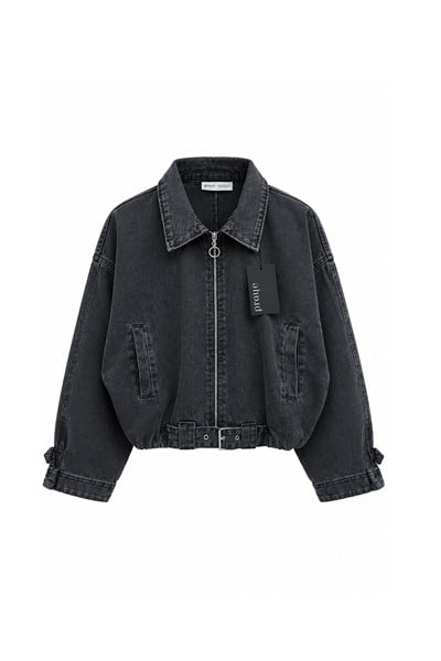 Beli Kemerli Kısa Denim Ceket Füme