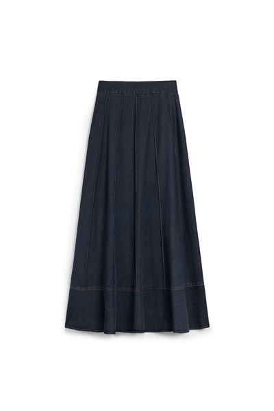 Biyeli Kloş Denim Etek Koyu Mavi