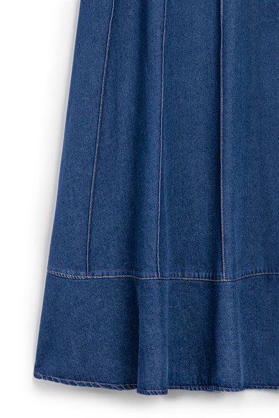 Biyeli Kloş Denim Etek Mavi