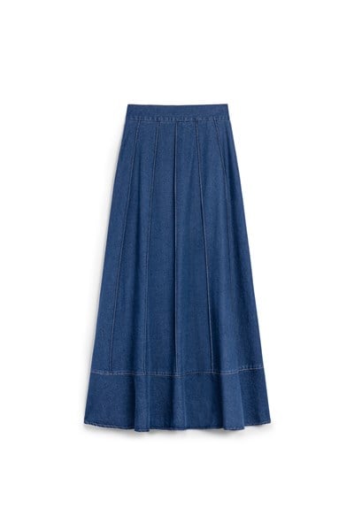 Biyeli Kloş Denim Etek Mavi