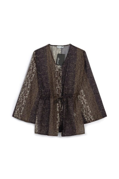Desenli Tül Kimono Kahverengi