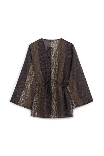 Desenli Tül Kimono Kahverengi