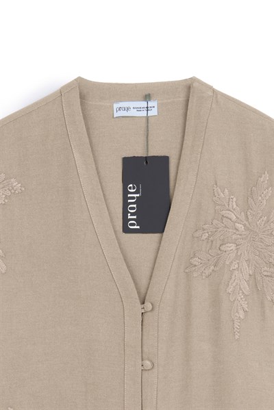 Nakışlı Düğmeli Kimono Bej
