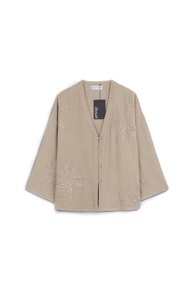 Nakışlı Düğmeli Kimono Bej