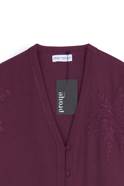 Nakışlı Düğmeli Kimono Bordo