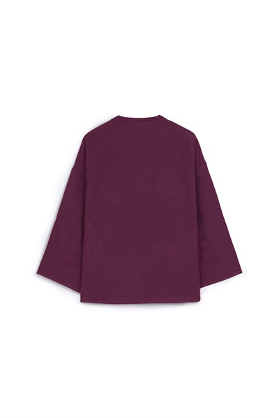 Nakışlı Düğmeli Kimono Bordo