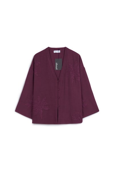Nakışlı Düğmeli Kimono Bordo