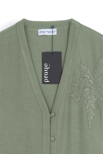 Nakışlı Düğmeli Kimono Çağla