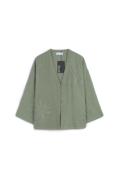 Nakışlı Düğmeli Kimono Çağla