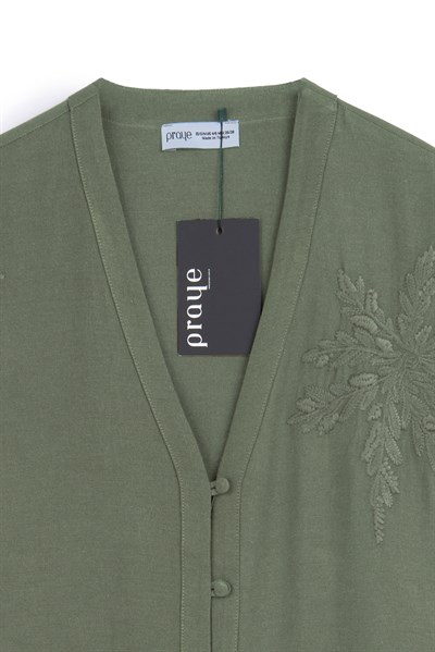 Nakışlı Düğmeli Kimono Haki