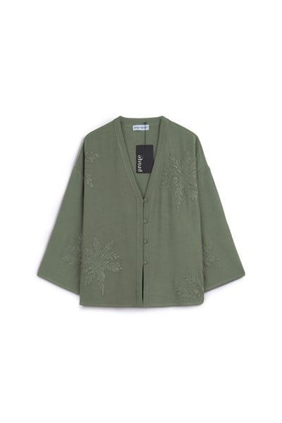 Nakışlı Düğmeli Kimono Haki