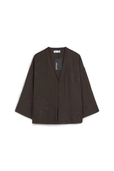 Nakışlı Düğmeli Kimono Kahverengi
