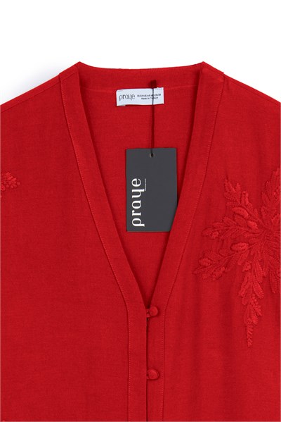 Nakışlı Düğmeli Kimono Kırmızı