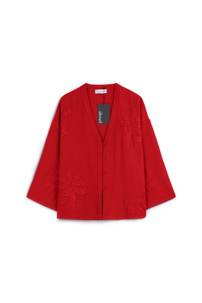 Nakışlı Düğmeli Kimono Kırmızı
