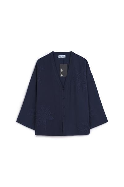 Nakışlı Düğmeli Kimono Lacivert