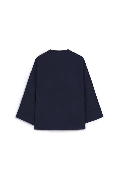 Nakışlı Düğmeli Kimono Lacivert