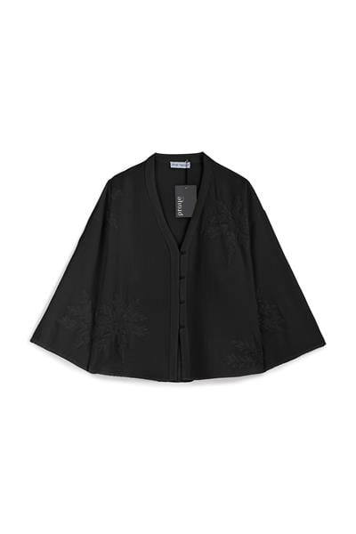 Nakışlı Düğmeli Kimono Siyah