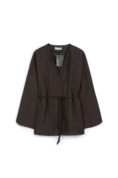 Örgü Kemerli Kimono Kahverengi
