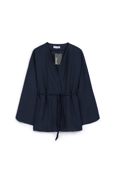 Örgü Kemerli Kimono Lacivert
