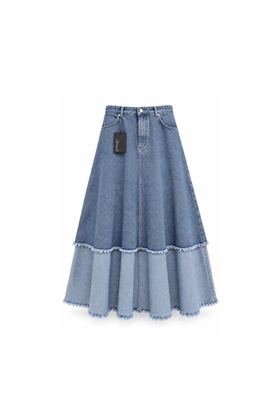 Püsküllü Çift Renk Denim Etek Açık Mavi