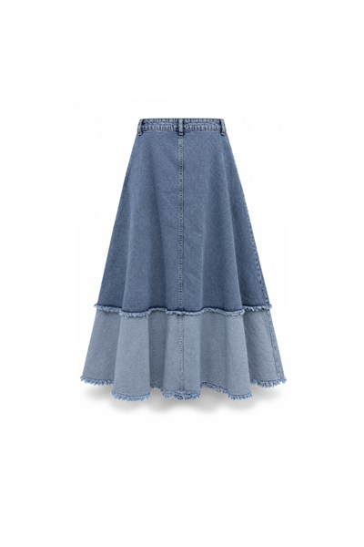 Püsküllü Çift Renk Denim Etek Açık Mavi