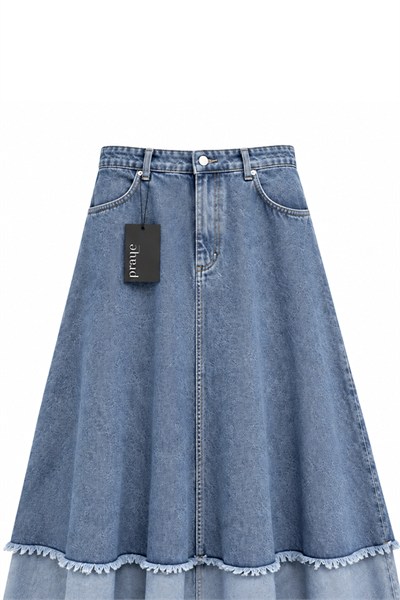 Püsküllü Çift Renk Denim Etek Açık Mavi