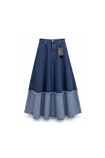 Püsküllü Çift Renk Denim Etek Mavi