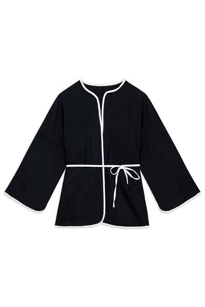 Şeritli Gabardin Kimono Siyah