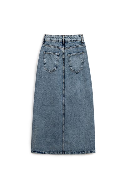 Uzun Çan Denim Etek Eskitme Kot