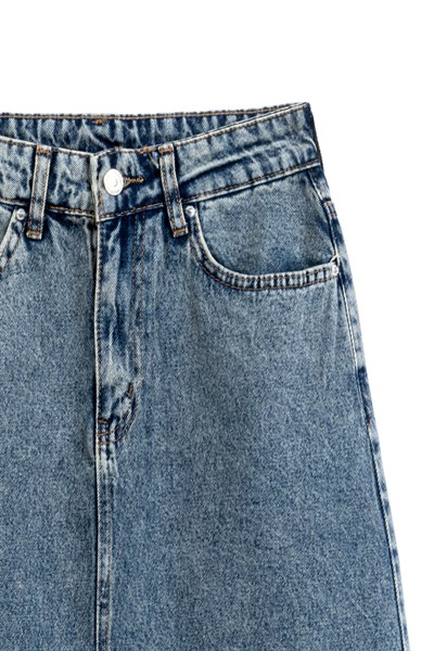 Uzun Çan Denim Etek Eskitme Kot