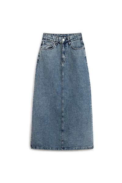 Uzun Çan Denim Etek Eskitme Kot